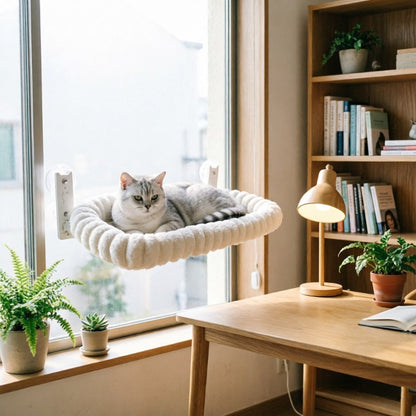 Foldable Cat Hammock – Ultra-Soft Detachable Hammock with 4 Strong Suction Cups and a Sturdy Steel Frame, Easy-to-Install Indoor Sunbathing Hammock