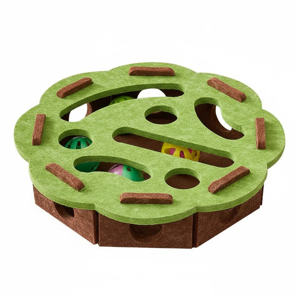 MazeJoy Katten Speelpuzzel – Interactieve Vilt Box met Doolhof en Belbal