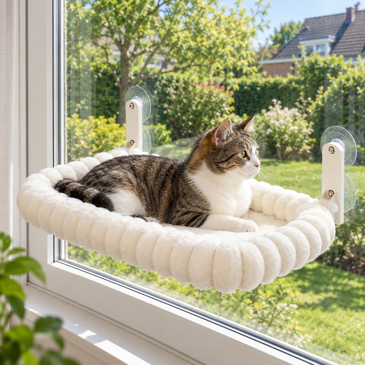 RaamNest kattenbed in crème met een kat, bevestigd aan een gesloten raam