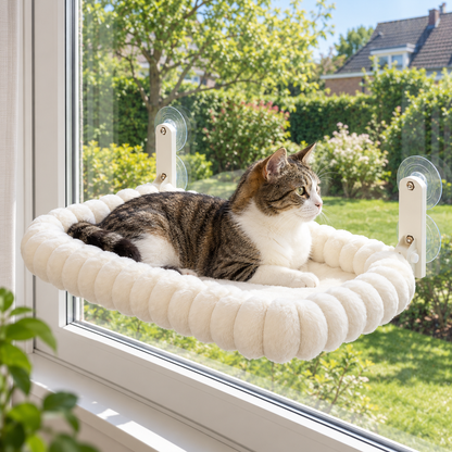 RaamNest kattenbed in crème met een kat, bevestigd aan een gesloten raam