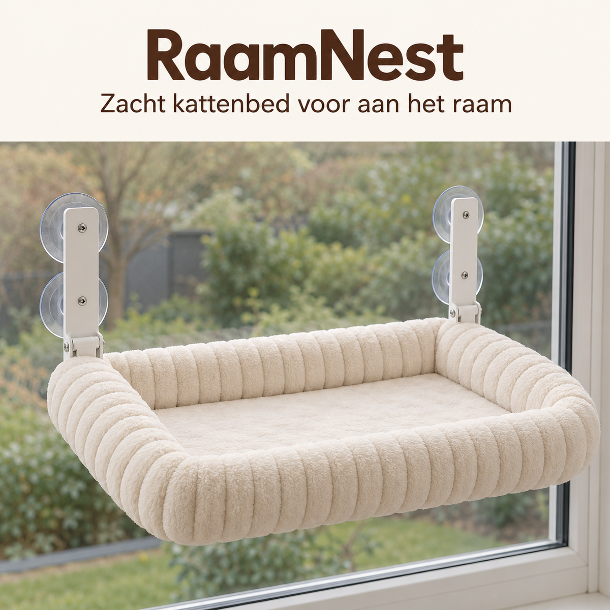 RaamNest kattenraambed in crème met vier zuignappen en metalen raamsteunen