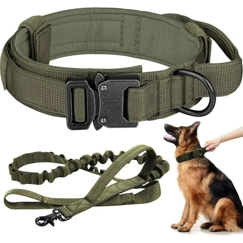PowerPaw Tactische Hondenhalsband & Riem Set – Verstelbare Nylon Halsband met Schokdempende Bungee Hondenriem