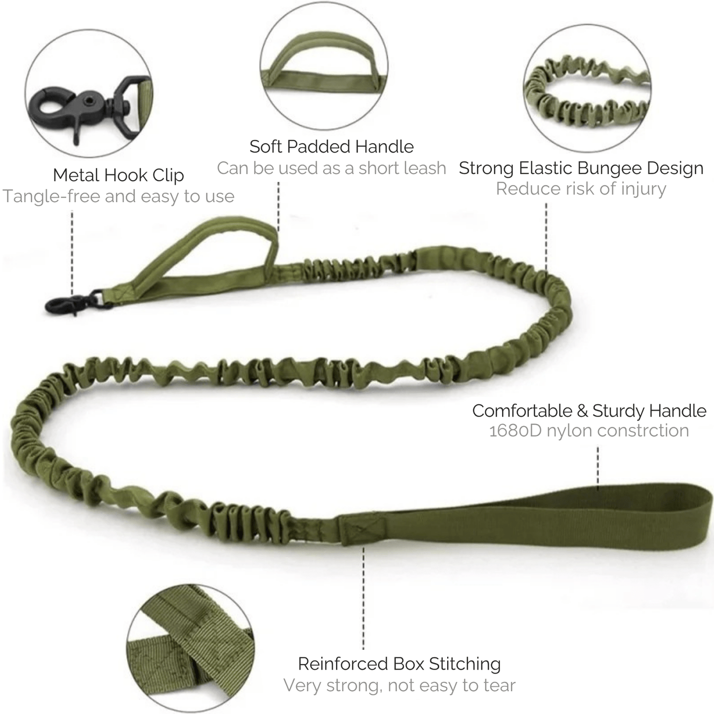 PowerPaw Tactische Hondenhalsband & Riem Set – Verstelbare Nylon Halsband met Schokdempende Bungee Hondenriem