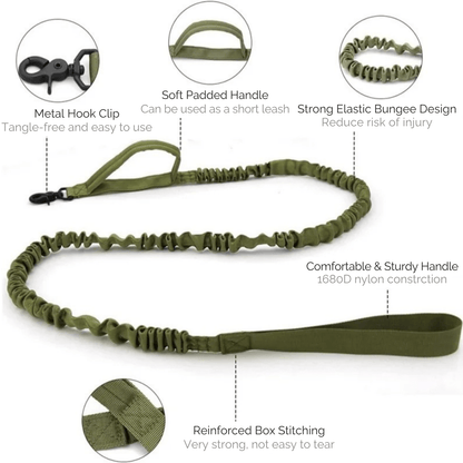 PowerPaw Tactische Hondenhalsband & Riem Set – Verstelbare Nylon Halsband met Schokdempende Bungee Hondenriem